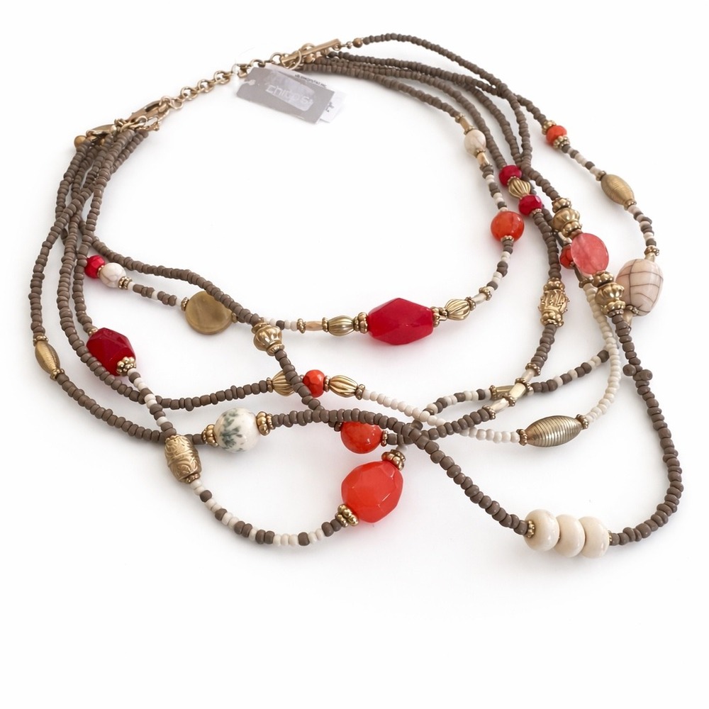 NWT Chicos Layered Beaded Necklace Multi‎ Strand Gemstone Accents Gold Tone